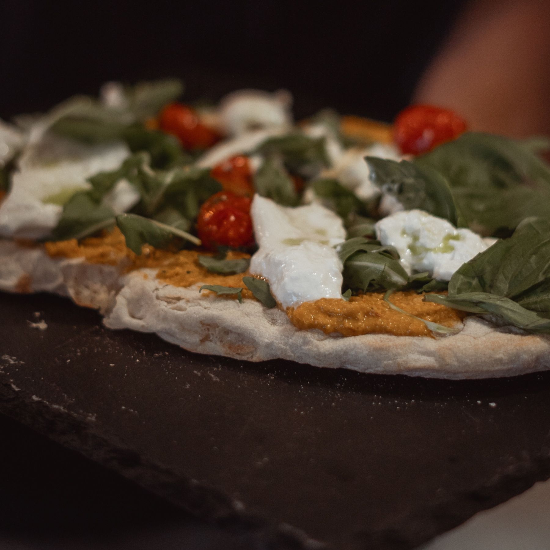 Burrata, Pesto and Roasted Cherry Flatbread
