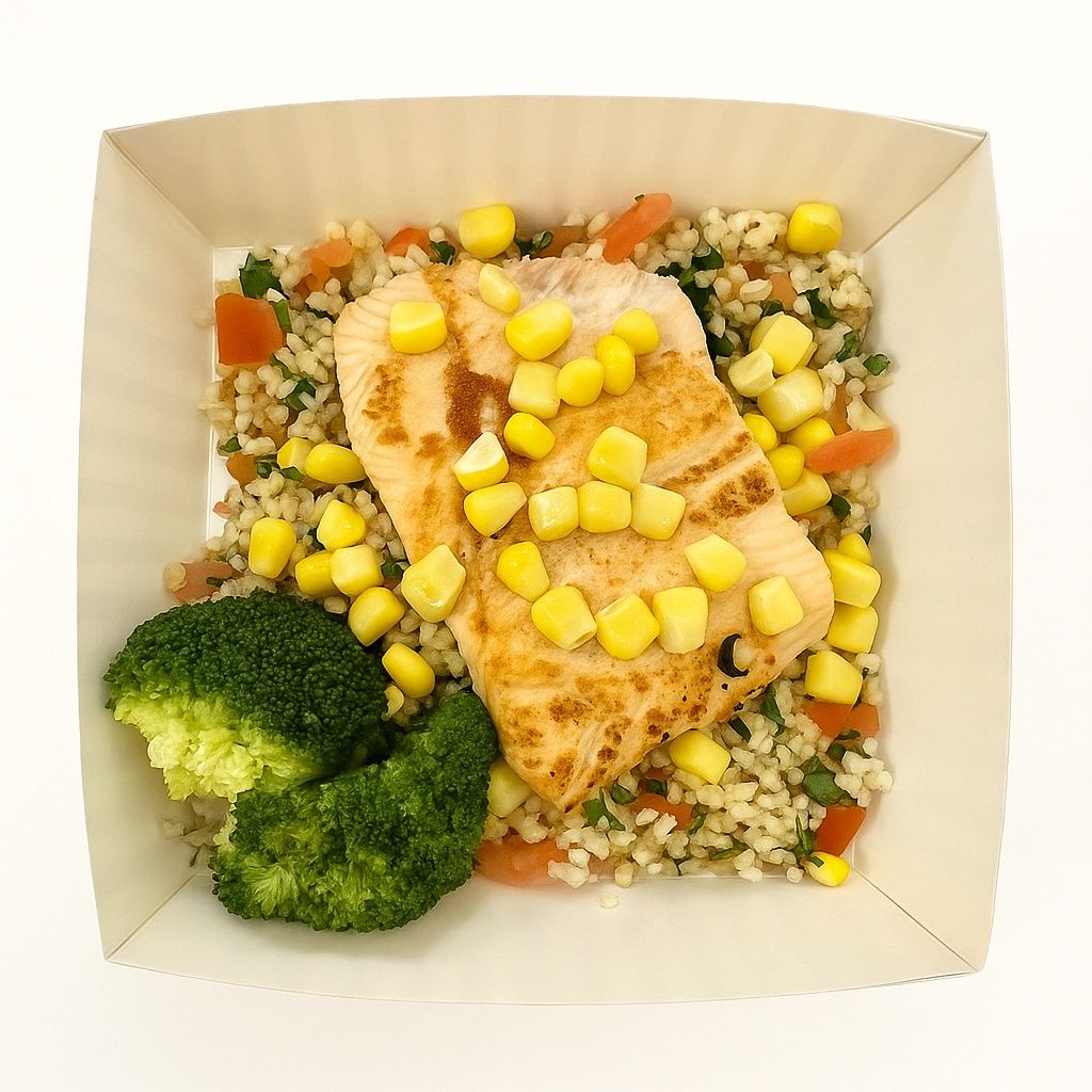 Salmón Con Blulgur Salteado Y Brocoli