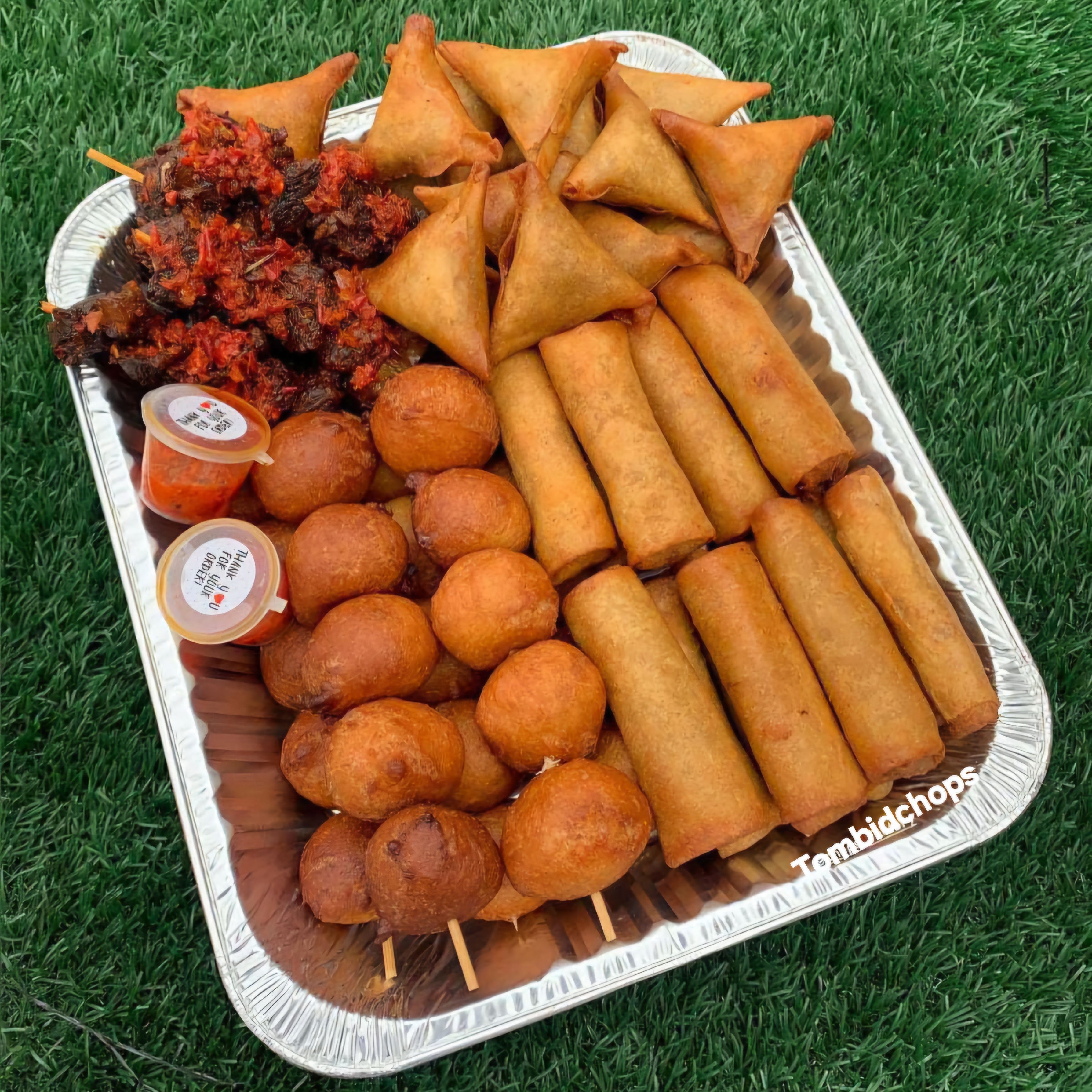 20 Spicy Beef - 15 Samosa -15  Spring Rolls and 60 Puff Puff