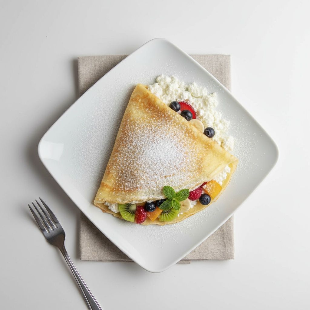 Naleśnik z twarożkiem, owocami i cukrem pudrem