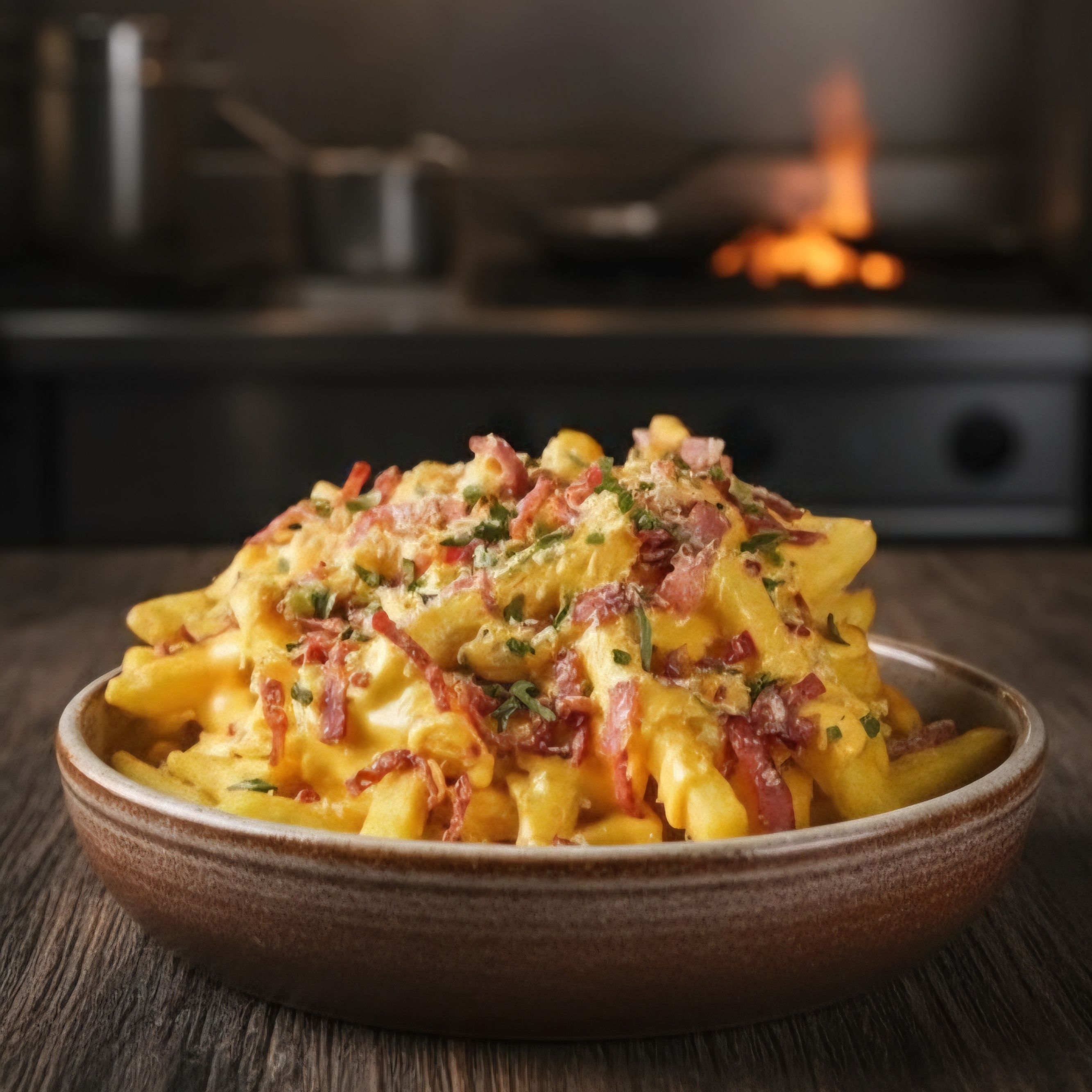 Batatas com cheddar e farofa de bacon