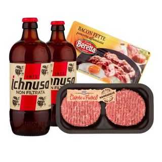 2x Ichnusa Non Filtrata + Beretta Bacon a fette + Aia Hamburger Di Suino E Bovino 200g
