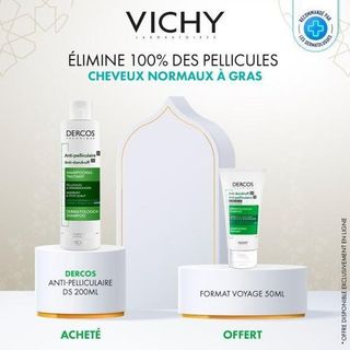 VICHY DERCOS SHAMPOOING ANTI-PELLICULAIRE + SHAMPOOING FORMAT VOYAGE OFFERT 50ML