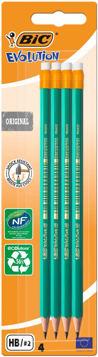 BIC Evolution Original Crayons à Papier avec Gomme Intégrée 
- HB, Blister de 4