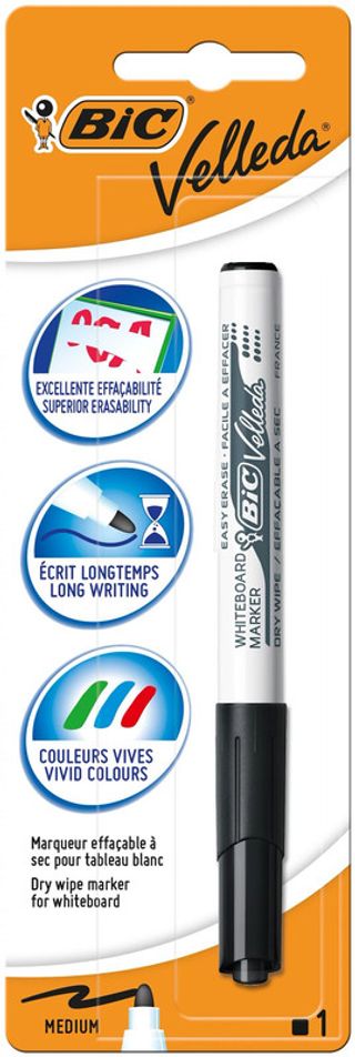 BIC Velleda 1741 Feutre pour Tableau Blanc Effaçables à Sec, Pointe Conique Moyenne 
- Noir, Blister de 1