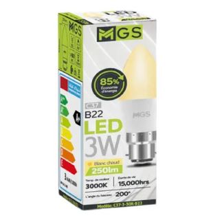 Ampoule Lustre LED C37 3W B22 lumière jaune - MGS