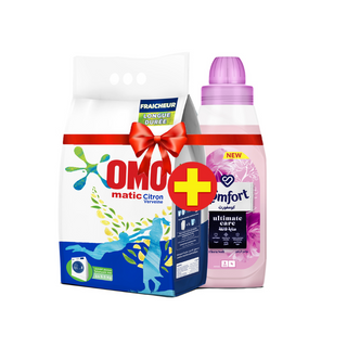 Lot lessive Matic citron 5,5Kg + adoucissant comfort 1L - OMO