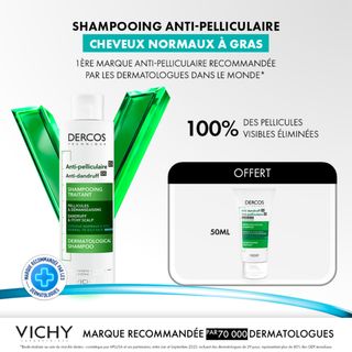 VICHY DERCOS SHAMPOOING ANTI-PELLICULAIRE DS CHEVEUX NORMAUX A GRAS 200ML + SHAMPOOING FORMAT VOYAGE OFFERT 50ML