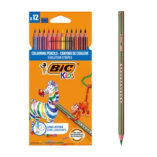 BIC Kids Evolution Stripes Crayons de Couleur 
- Couleurs Assorties, Pack de 12