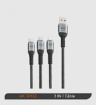 CÂBLE 3 EN 1 TYPE USB - TYPE C, IPHONE ET ANDROID V8 (AK-36922)