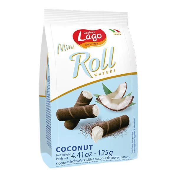 Lago Coconut Flavoured Cream Mini Roll Wafers 125G