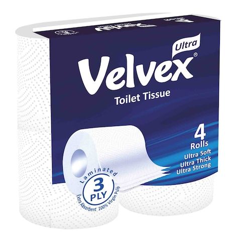 Velvex 3 Ply Toilet Rolls White 4 Pack
