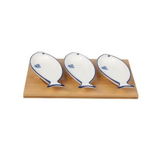 Coupelle en Porcelaine Poisson avec Support en Bois Kasa 4Pièces