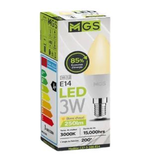 Ampoule Lustre LED  C37 3W E14 lumière jaune - MGS