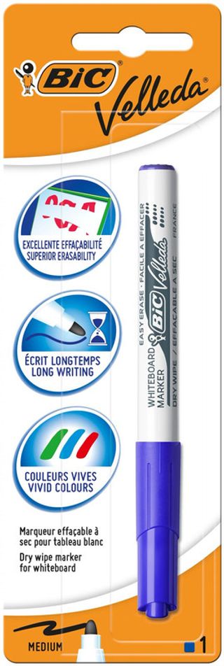 BIC Velleda 1741 Feutres pour Tableau Blanc Effaçables à Sec, Pointe Conique Moyenne
 - Bleu, Blister de 1