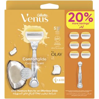 Venus Pack Rasoir Rechargeable Système Comfort Glide Coconut et Olay - 1Manche +6 Recharges