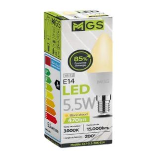 Ampoule Lustre LED C37 5,5W E14 lumière jaune - MGS