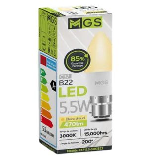 Ampoule Lustre LED C37 5,5W B22 lumière jaune - MGS