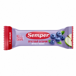 სემპერი - ბატონი ხილის ვაშლი და მოცვი 15 გრ /12თვ+/ 7625 Semper - Fruit bar Apple and Blueberry 15 g /12 months+/ 7625