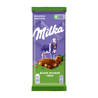 Шоколад Milka з цілим лісовим горіхом, 90г