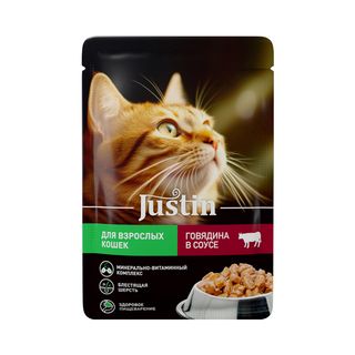 Justin влажный корм для взрослых кошек с говядиной, в соусе, в паучах - 75 г