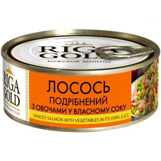 Консерви 230 г Riga Gold Лосось подрібнений з овочами у власному соку з/б