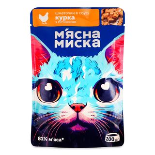 Корм для котів М'ясна Миска з куркою та печінкою шматочки в соусі 100 г