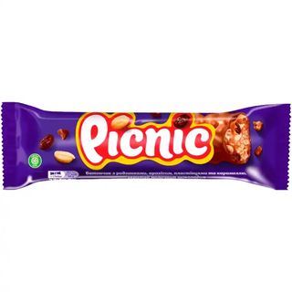 Батончик Picnic з карамельною начинкою, арахісом, пластівцями і родзинками 48г