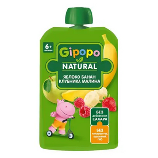ჰიპოპო/ჰეინცი - პაუჩი ვაშლი. ბანანი. ჟოლო და მარწყვი /6თვ+/ 90გრ 0 Hippo/Heinz - Pouch Apple. Banana. Raspberry and Strawberry /6m+/ 90g
