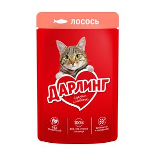 Корм Дарлинг Консервированный Полнорационный Для Взрослых Кошек С Лососем В Подливе 75 Г