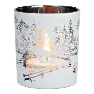 ჭიქის ფორმის მინის სასანთლე, ტყის პრინტით, 10 სმ