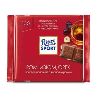 შოკოლადის ფილა "რიტერ სპორტი" რომით ქიშმიშით და თხილით 100 გრ.