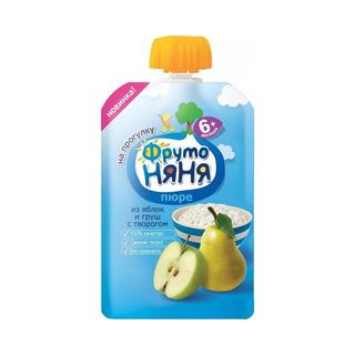 Фрутоняня, Пюре Фрутоняня 90Гр Яблоко/Груша/Творог С 6 Месяц, шт, ШК: 4600338006604