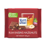 შოკოლადის ფილა რომით ქიშშმიშით და თხილით /რიტერ სპორტი/ 100გრ