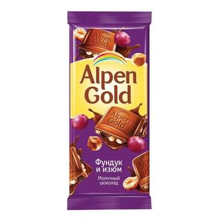 ალპენ გოლდი რძიანი შოკოლადი თხილით და ქიშმიშით 85 გრ/7622202397318