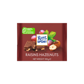 RITTER SPORT რძიანი შოკოლადი ქიშმიშით და თხილით 100 გრ/4000417022004