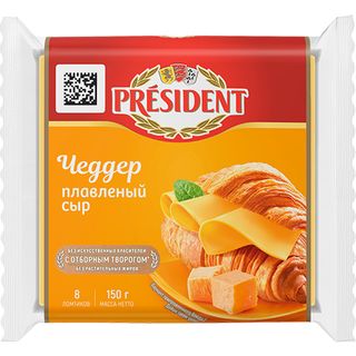 პრეზიდენტი მდნარი ყველის ნაჭრები ჩედარი 40% 150 გ.