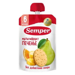 სემპერი - პაუჩი უშაქრო ხილის ასორტი ორცხობილით /6თვ+/ 100გრ 0 Semper - Pouch Fruit with Biscuits /6m+/ 100g
