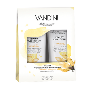 ვანდინი - VITALITY სასაჩუქრე ნაკრები შხაპის გელი/ტანის ლოსიონი ვანილის ყვავილი/მაკადამიის ზეთი 2X200მლ 0200/0900/1440 VANDINI - VITALITY Duo  Shower Gel  Body Vanilla Blossom  Macadamia Oil 2X200ml 0200/0900/1440