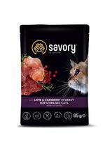 Корм вологий Savory Sterilised Cat Pouch Lamb and Cranberry in Gravy для стерилізованих котів з ягням та журавлиною у соусі 85 г