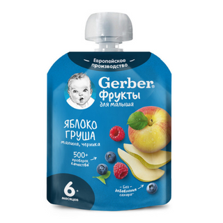 გერბერი - პაუჩი ვაშლი. მსხალი. ჟოლო და მოცვი /6თვ+/ 90გრ 9398 Nestle - Gerber pouch apple. pear. raspberry and blueberry /6 months+/ 90g