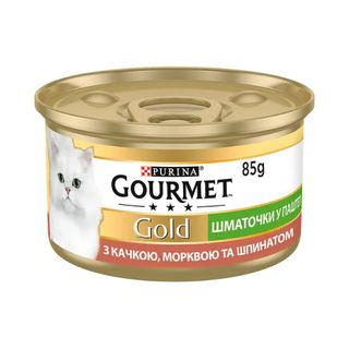 Вологий корм GOURMET Gold для дорослих котів шматочки у паштеті з качкою, морквою та шпинатом 85 г