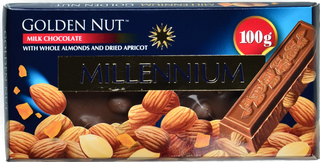 Шок Міленіум 100 г мол. Gold з цілим мигдалем та курагою Акція
