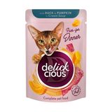 Корм вологий DELICKCIOUS для котів смужки з качкою та гарбузом в крем супі 85г