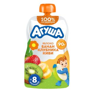 Агуша, Пюре Агуша 90Гр Яблоко/Банан/Клубника/Киви, шт, ШК: 4690228102400