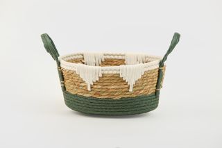 დეკორატიული კალათა - LILA WICKER / COTTON OVAL DECORATIVE BASKET 30X28 CM NATURAL / WHITE / CAMEO GREEN