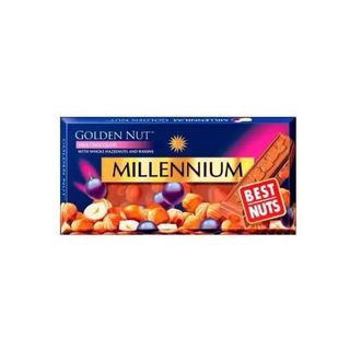 მილენიუმ გოლდი რძიანი შოკოლადი თხილით და ქიშიშით /მალბი/ 100 გრ 
