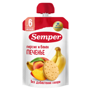 სემპერი - პაუჩი უშაქრო ატამი და ბანანი ორცხობილით /6თვ+/ 100გრ 0 Semper - Pouch Peach and Banana with Biscuits /6m+/ 100g