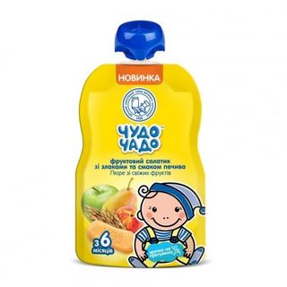 Пюре 90г Чудо-Чадо фруктовий салатик зі злаками та смаком печива з 6 міс