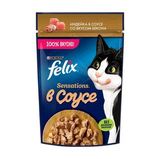Корм Влажный Felix Sensations С Индейкой В Соусе Со Вкусом Бекона Для Кошек 75 Г